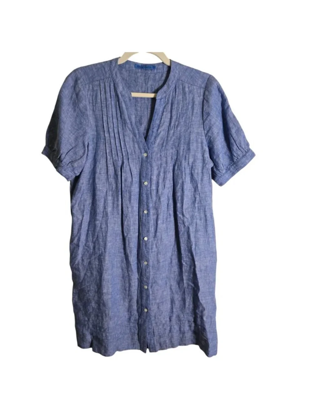 J. Mclaughlin Blue Linen Pintuck Puff Sleeve Pocket Dress Sustainable Size S